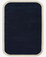 Hand-tufted navy blue wool area rug with cream border modern rectangular carpet for living room or bedroom