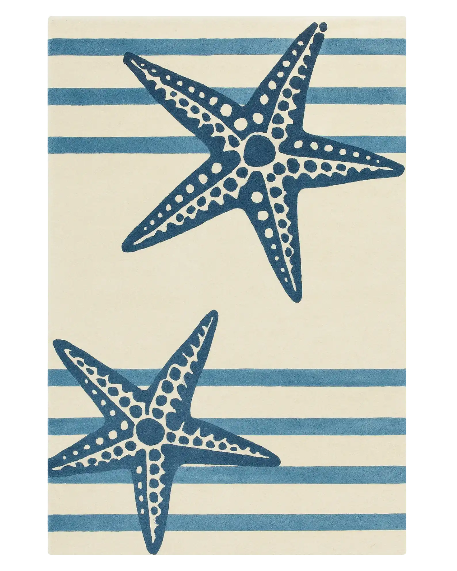 Navy starfish rug with coastal blue striped wool design