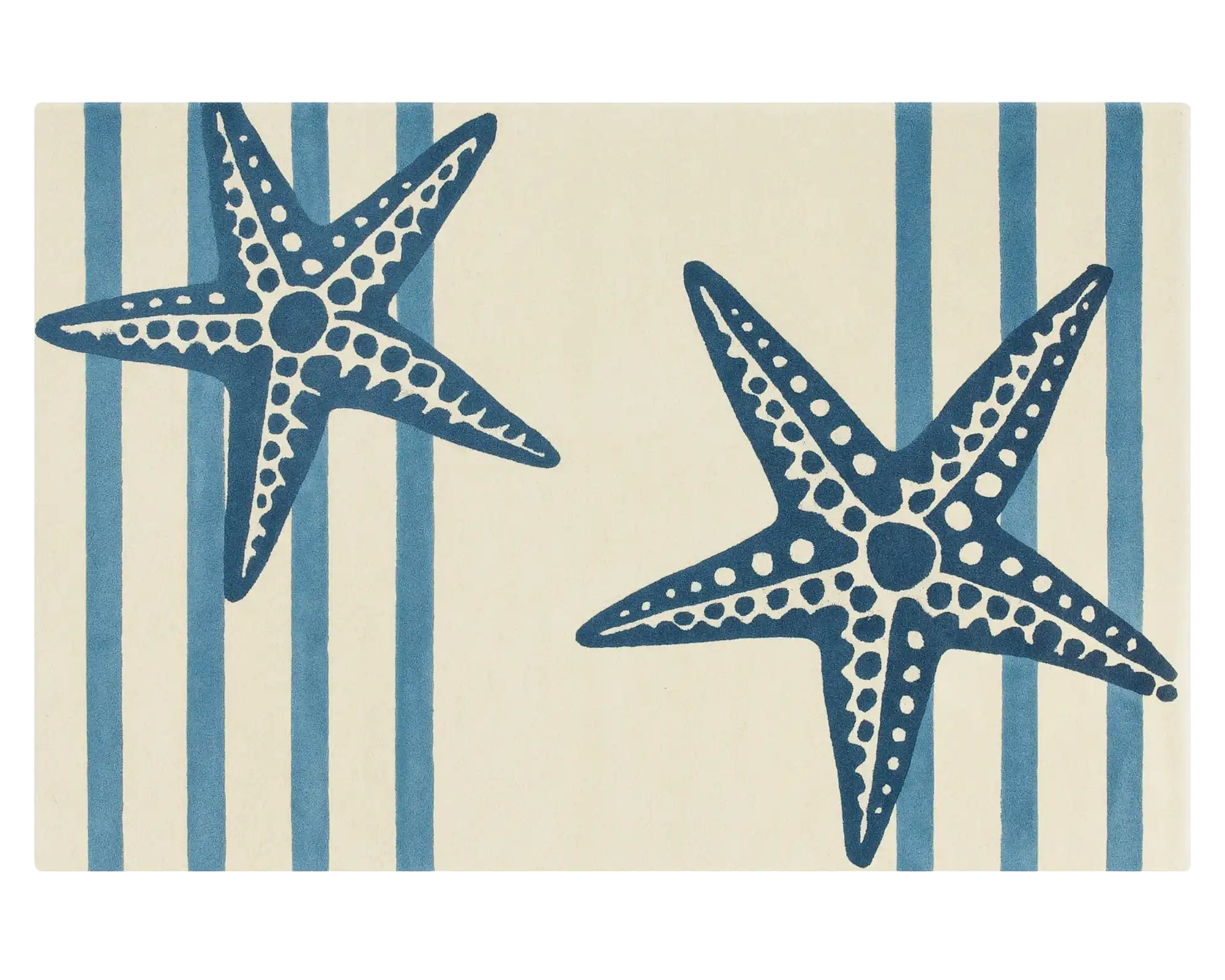 Hand-tufted navy starfish area rug on ivory background