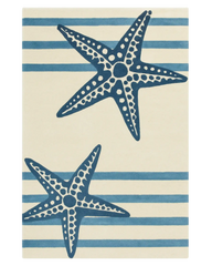 Navy starfish rug with coastal blue striped wool design