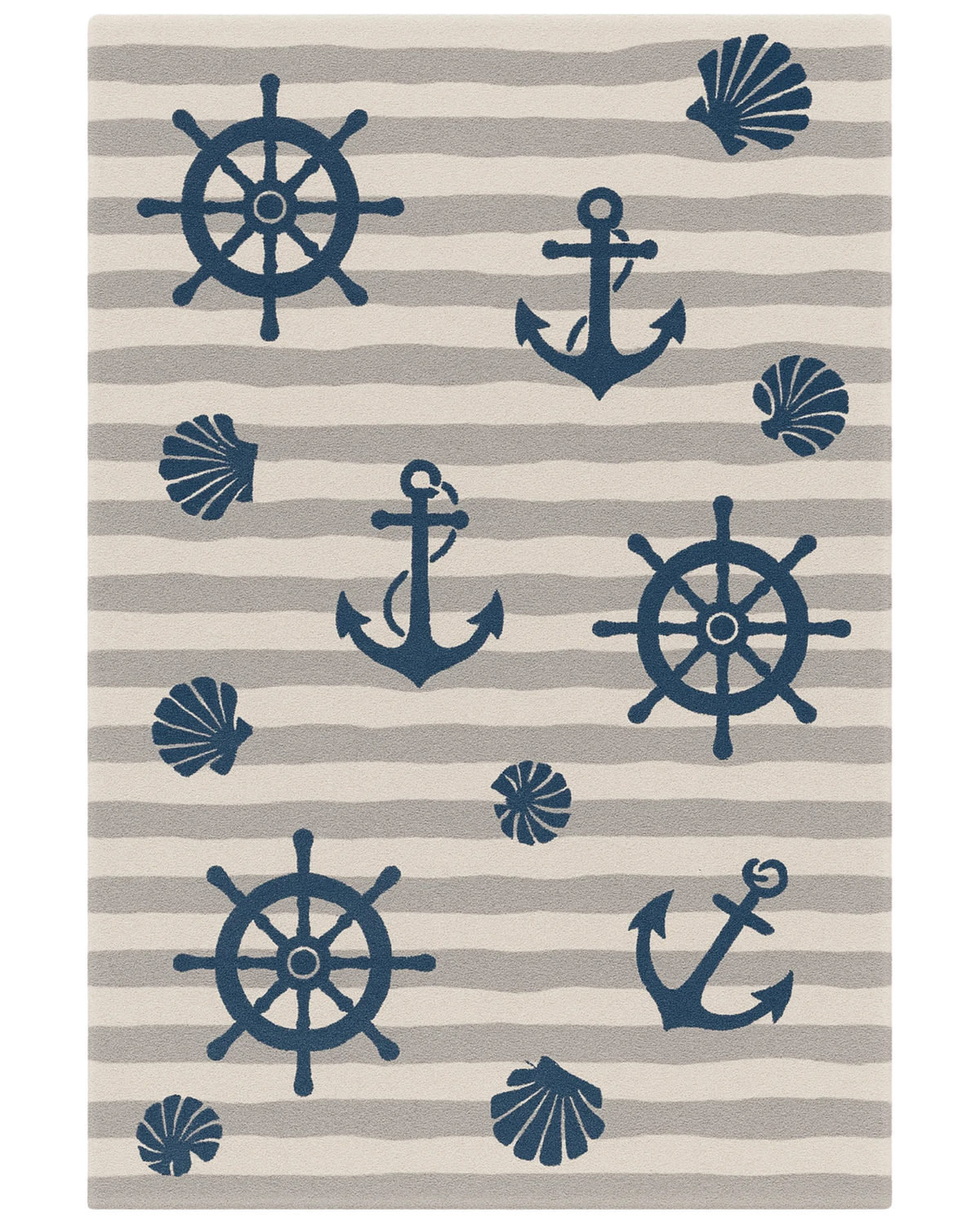 Beige and navy hand-tufted wool nautical rug with anchors and ship wheels.