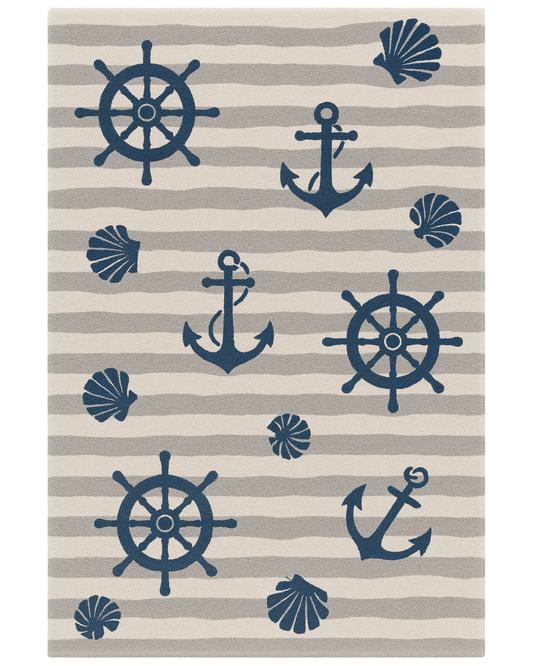 Beige and navy hand-tufted wool nautical rug with anchors and ship wheels.