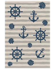 Beige and navy hand-tufted wool nautical rug with anchors and ship wheels.