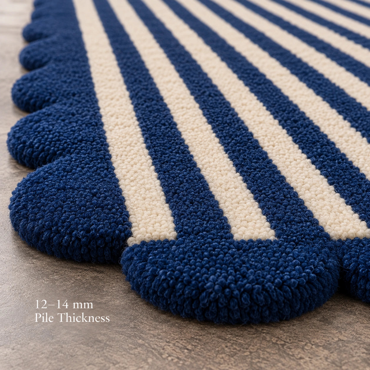 Navy blue ivory scalloped wool rug