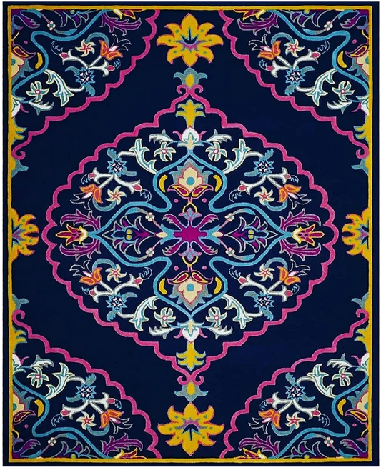 Navy Blue Traditional Patterned Rug - Hand Tufted