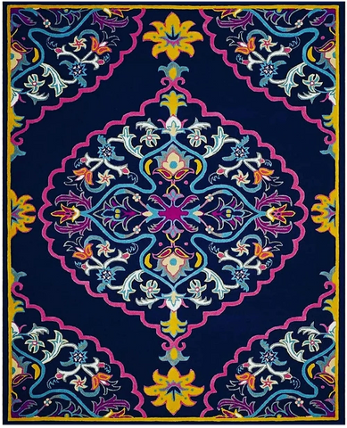 Navy Blue Traditional Patterned Rug - Hand Tufted