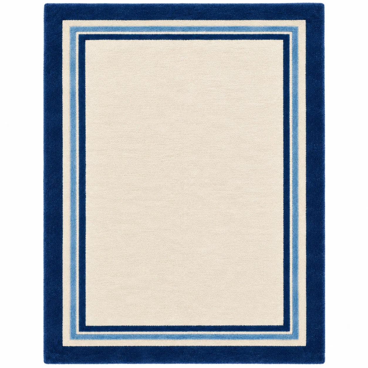 A rectangular area rug with a cream center and a thick navy blue border accented with thin light blue stripes, shown flat against a white background.
