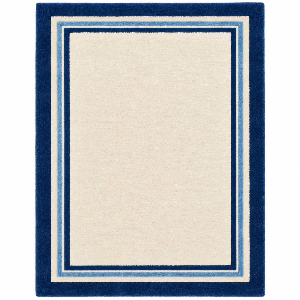 A rectangular area rug with a cream center and a thick navy blue border accented with thin light blue stripes, shown flat against a white background.