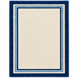 A rectangular area rug with a cream center and a thick navy blue border accented with thin light blue stripes, shown flat against a white background.
