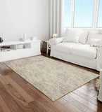 Neutral chevron patterned rug in a bright living room with white sofa, wooden floor, and modern decor