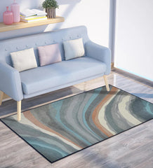 Machine washable rug with soft brown and cream wave patterns.