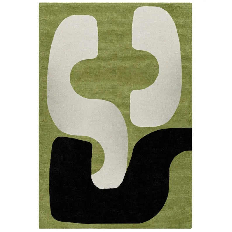 Olive green abstract rug with black and ivory geometric shapes.
