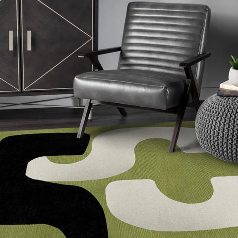 Olive green and black abstract rug for living room decor.