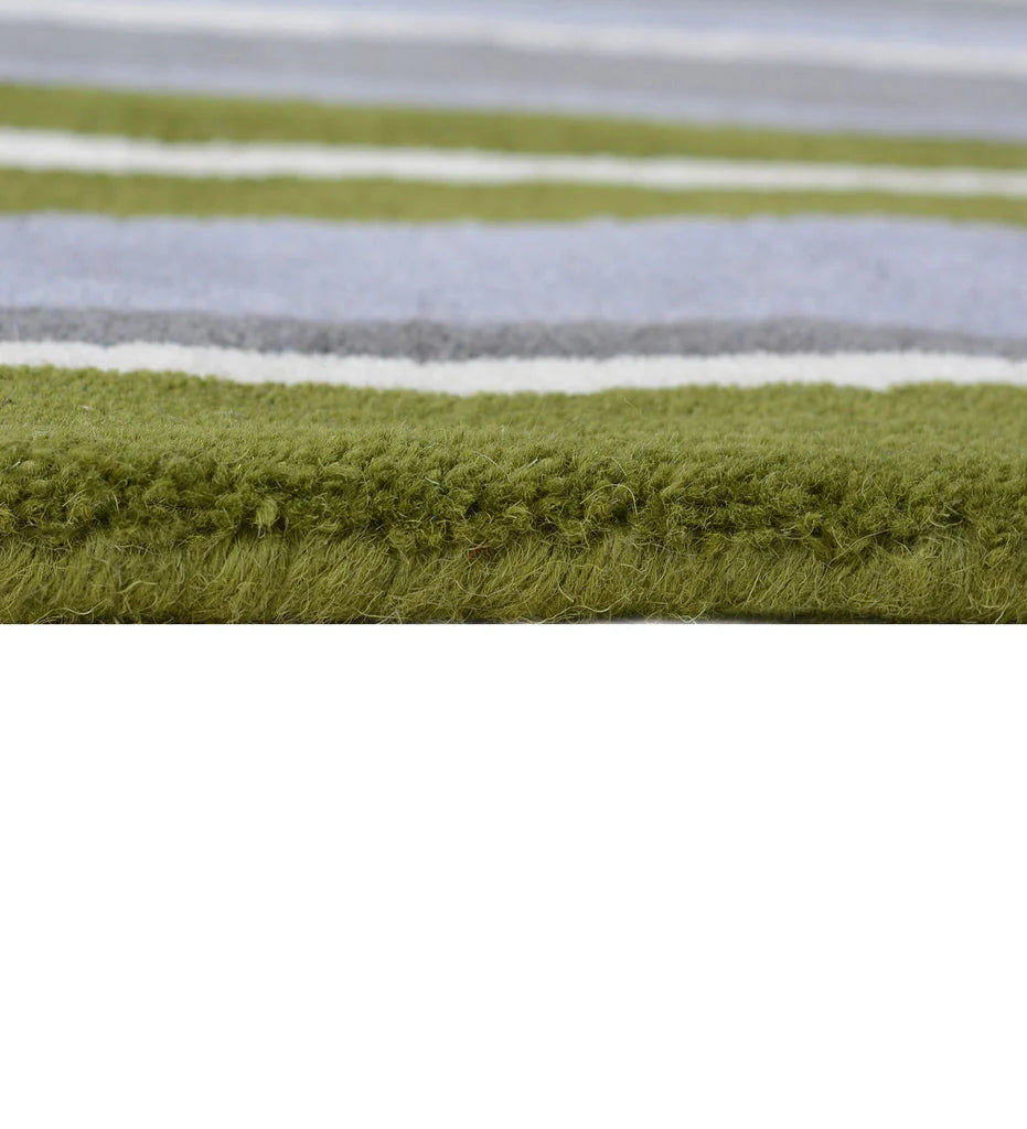 Modern striped wool rug for living room décor in olive green and gray.
