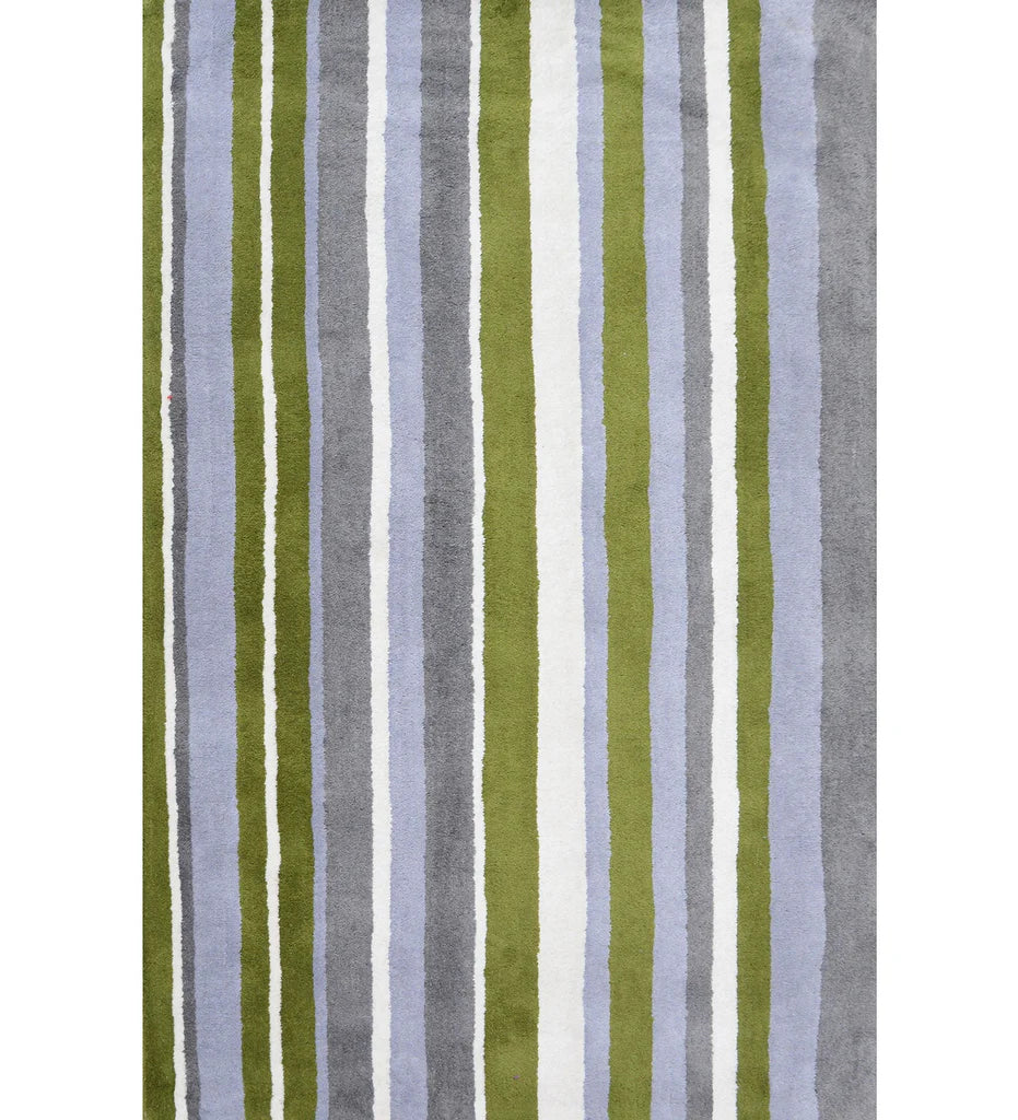 Olive green, gray, and blue hand-tufted wool rug with modern vertical stripes.