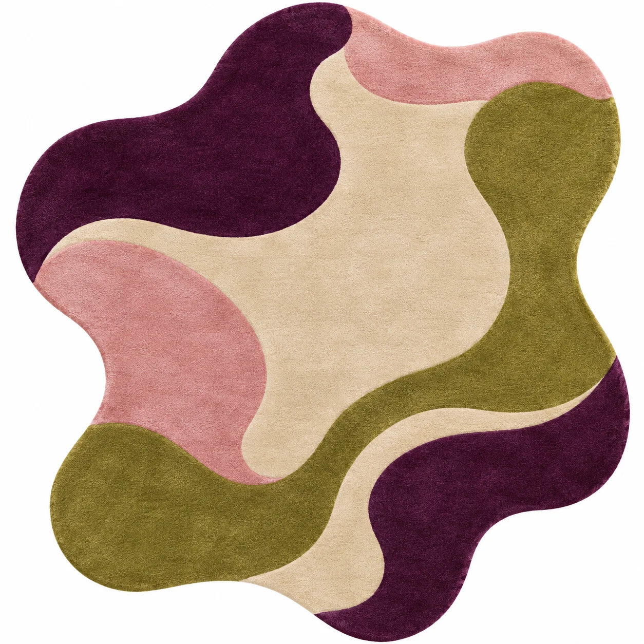 An abstract, wavy-edged area rug with a modern organic pattern in olive green, dusty pink, cream, and deep plum purple, shown from a top-down view on a white background.