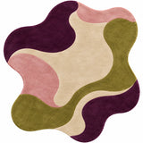 An abstract, wavy-edged area rug with a modern organic pattern in olive green, dusty pink, cream, and deep plum purple, shown from a top-down view on a white background.