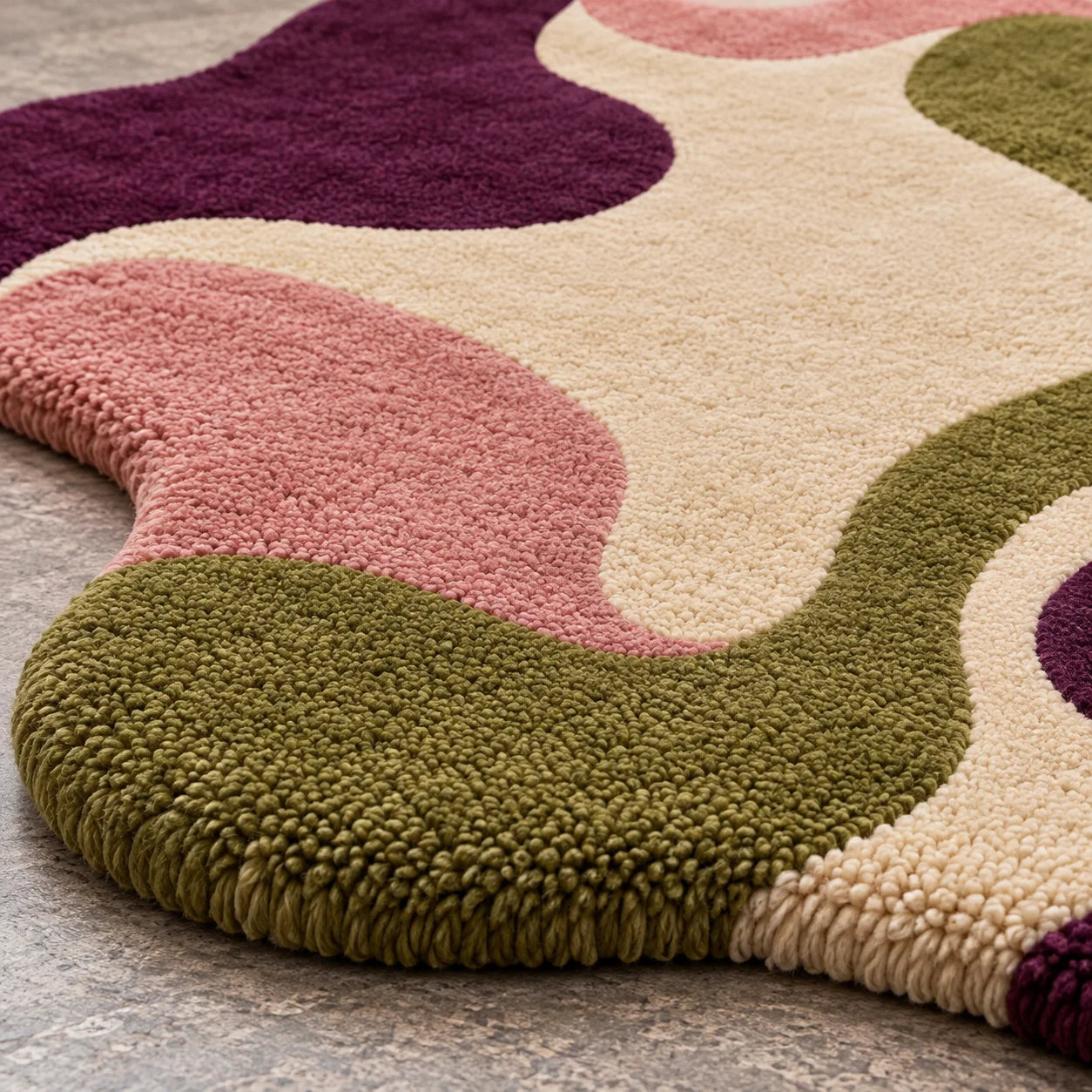 A close-up of a plush, high-pile area rug with a wavy, organic abstract pattern in olive green, dusty pink, cream, and deep purple, shown on a gray stone floor.