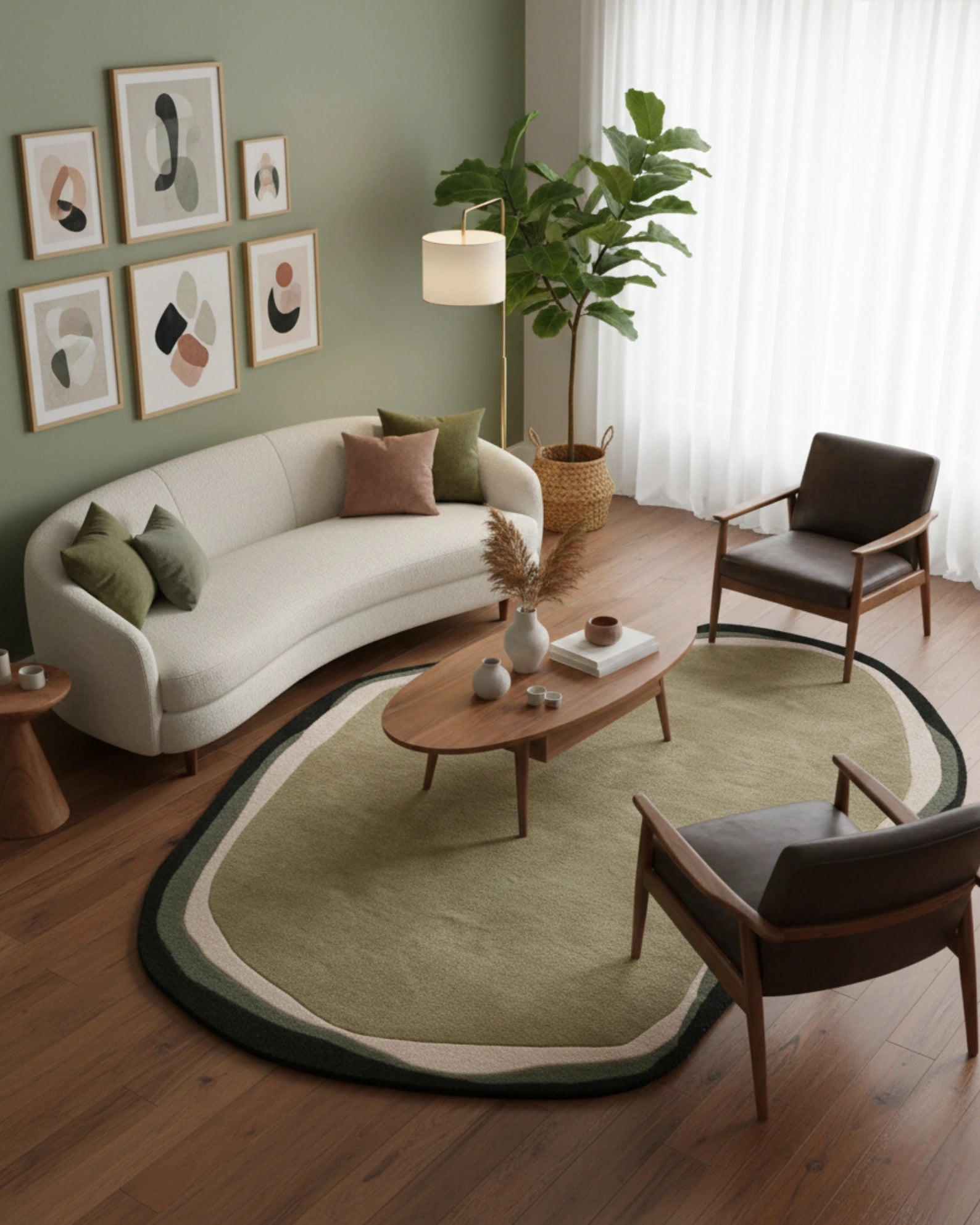 Olive green and beige irregular hand-tufted area rug styled in a living room, featuring organic shapes and earthy tones for a modern, natural accent