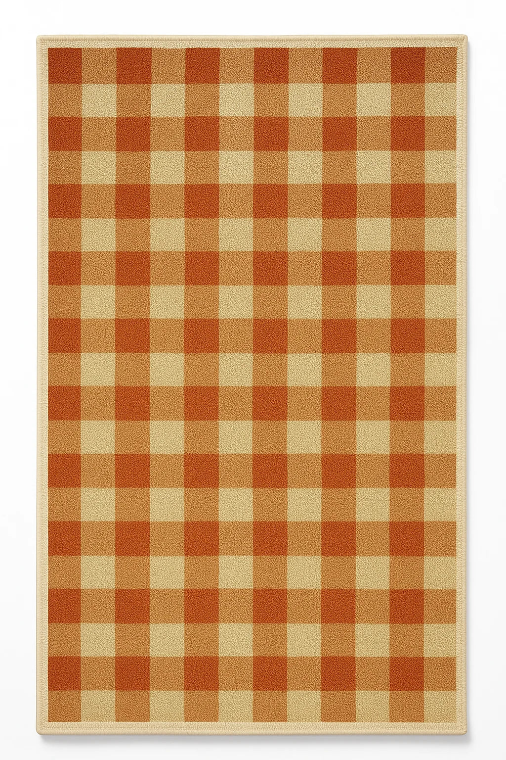 Machine washable orange gingham plaid rug for farmhouse fall decor.