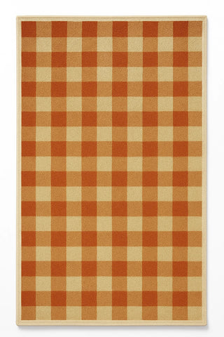 Machine washable orange gingham plaid rug for farmhouse fall decor.