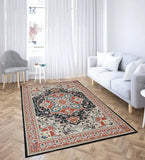 Luxury Orange Serapi rug with intricate geometric and floral patterns on herringbone wood floor in modern living room