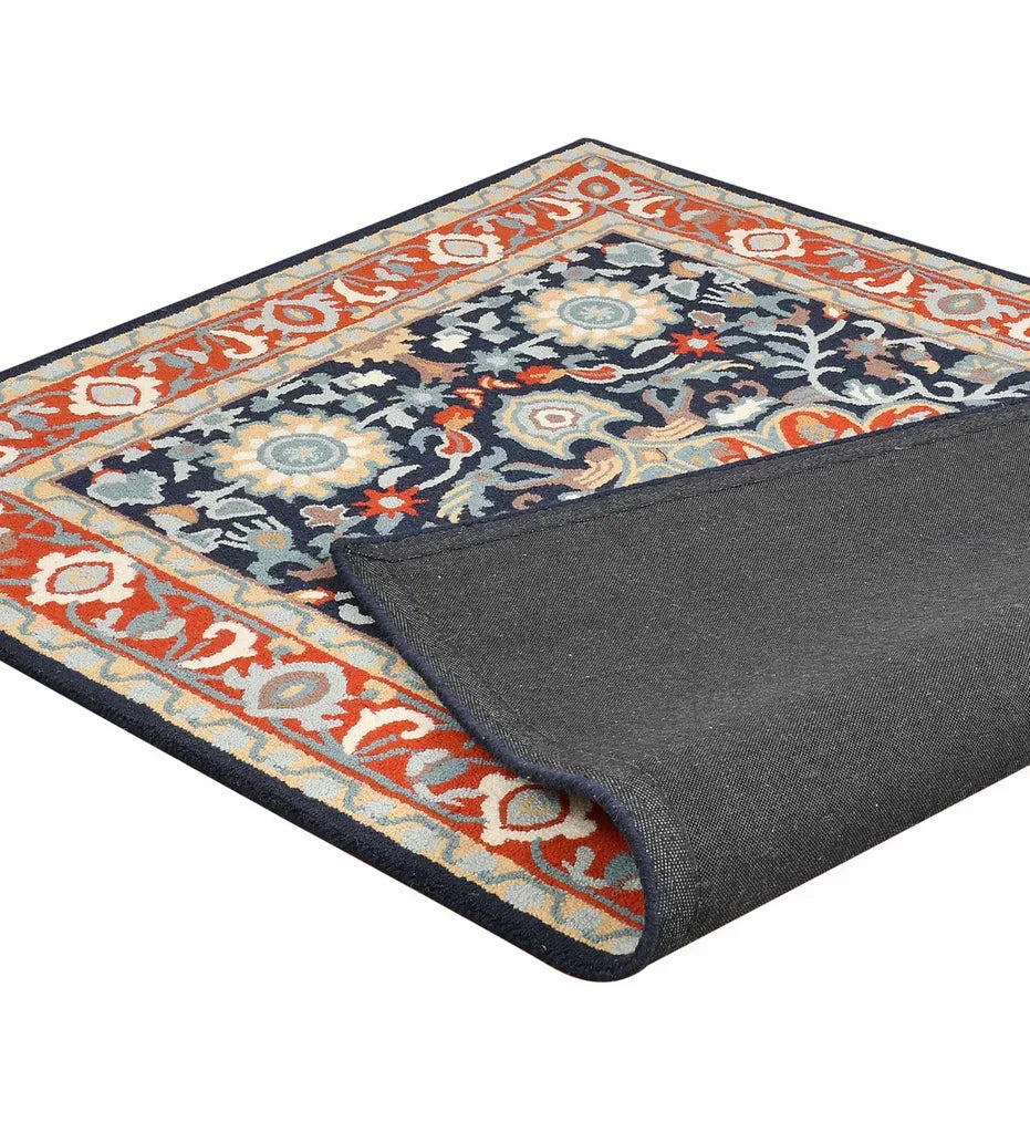 Traditional Hand Tufted Rug in Orange and Blue Tones for Bedroom and Dining Spaces