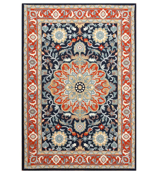 Orange and Blue Traditional Hand Tufted Rug with Intricate Pattern for Living Room Decor