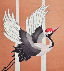 Low-profile peach rug with colorful bird and botanical accents.