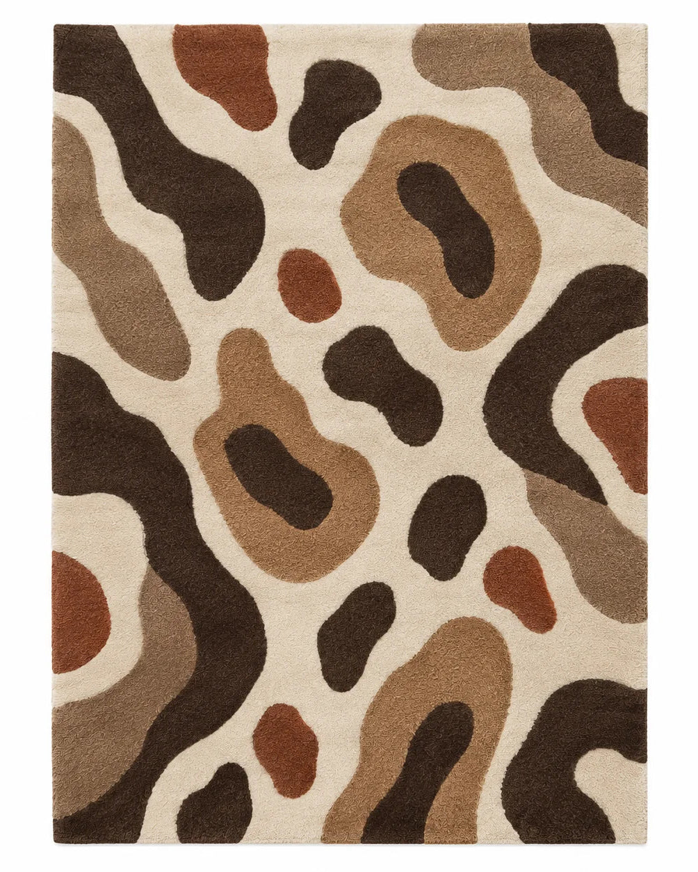 Brown and cream abstract wool area rug with organic shapes for a living room, 8x10 size