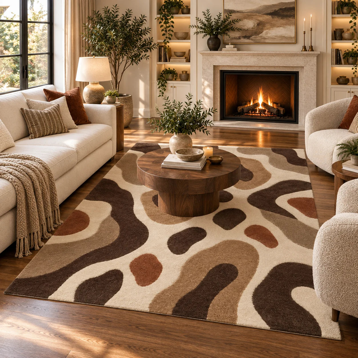 Brown and cream abstract area rug styled in a modern living room, 9x12 size