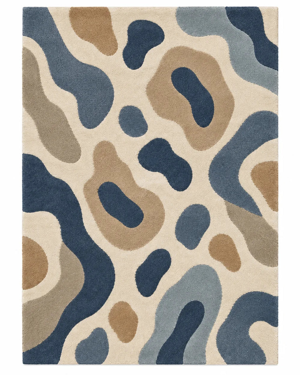 Blue and beige abstract geometric wool area rug with organic pebble shapes for a living room, 8x10 size