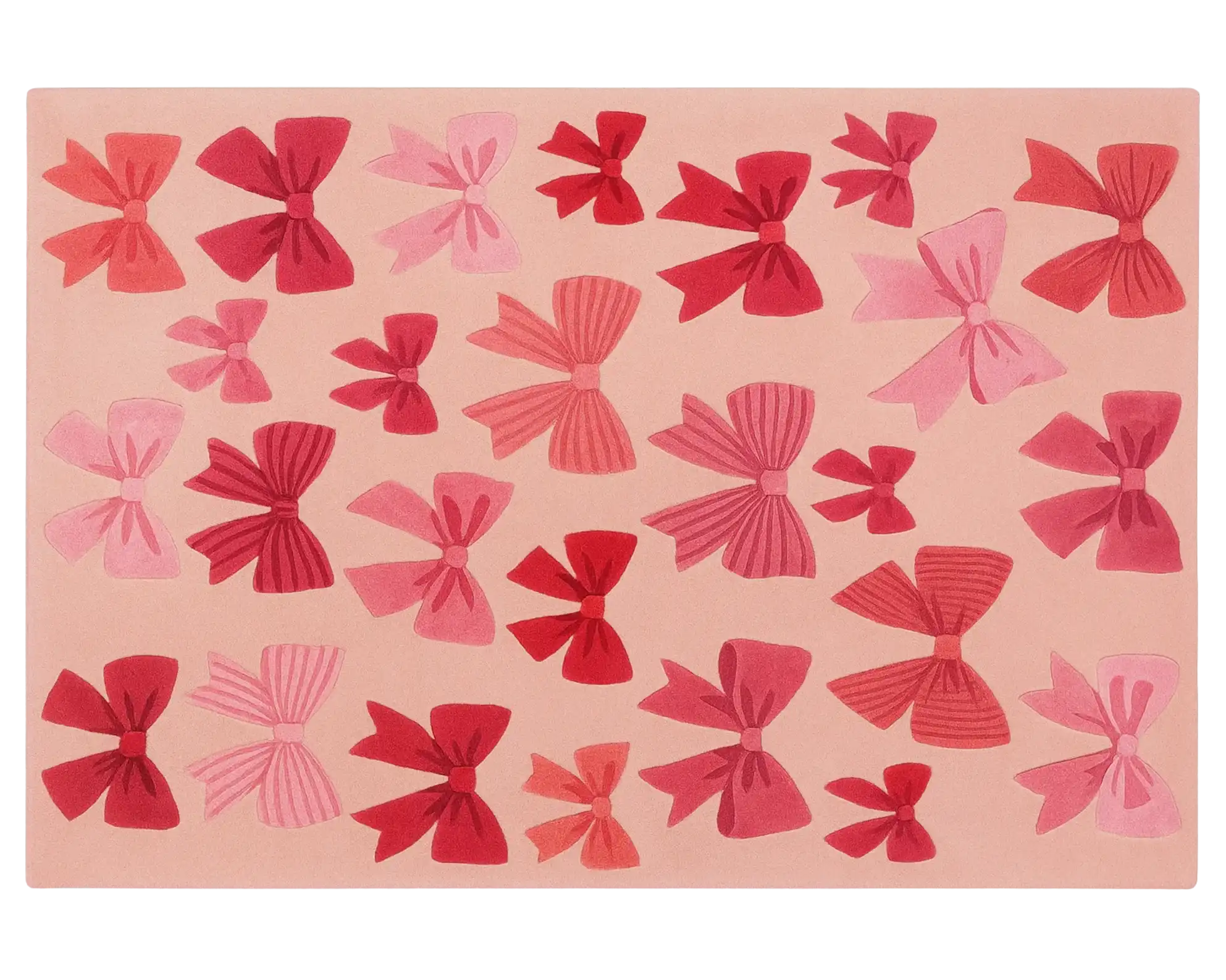 Blush holiday rug decorated with red and pink bows.