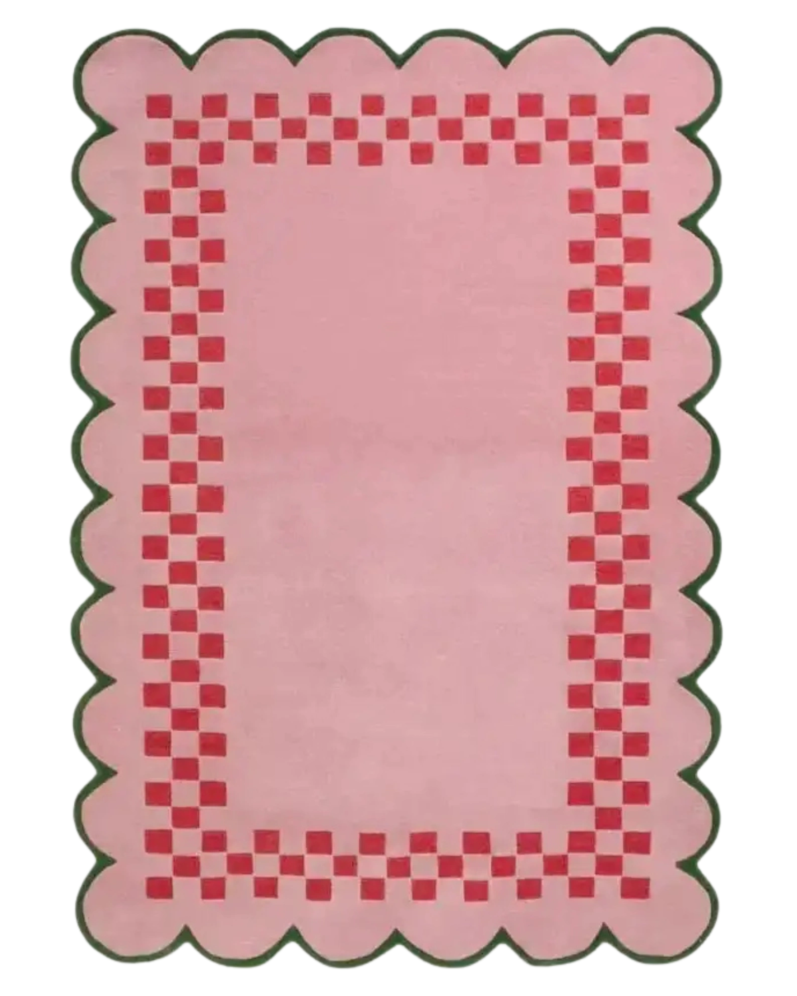 Pink checkerboard rug with scalloped green-edged border and red square pattern