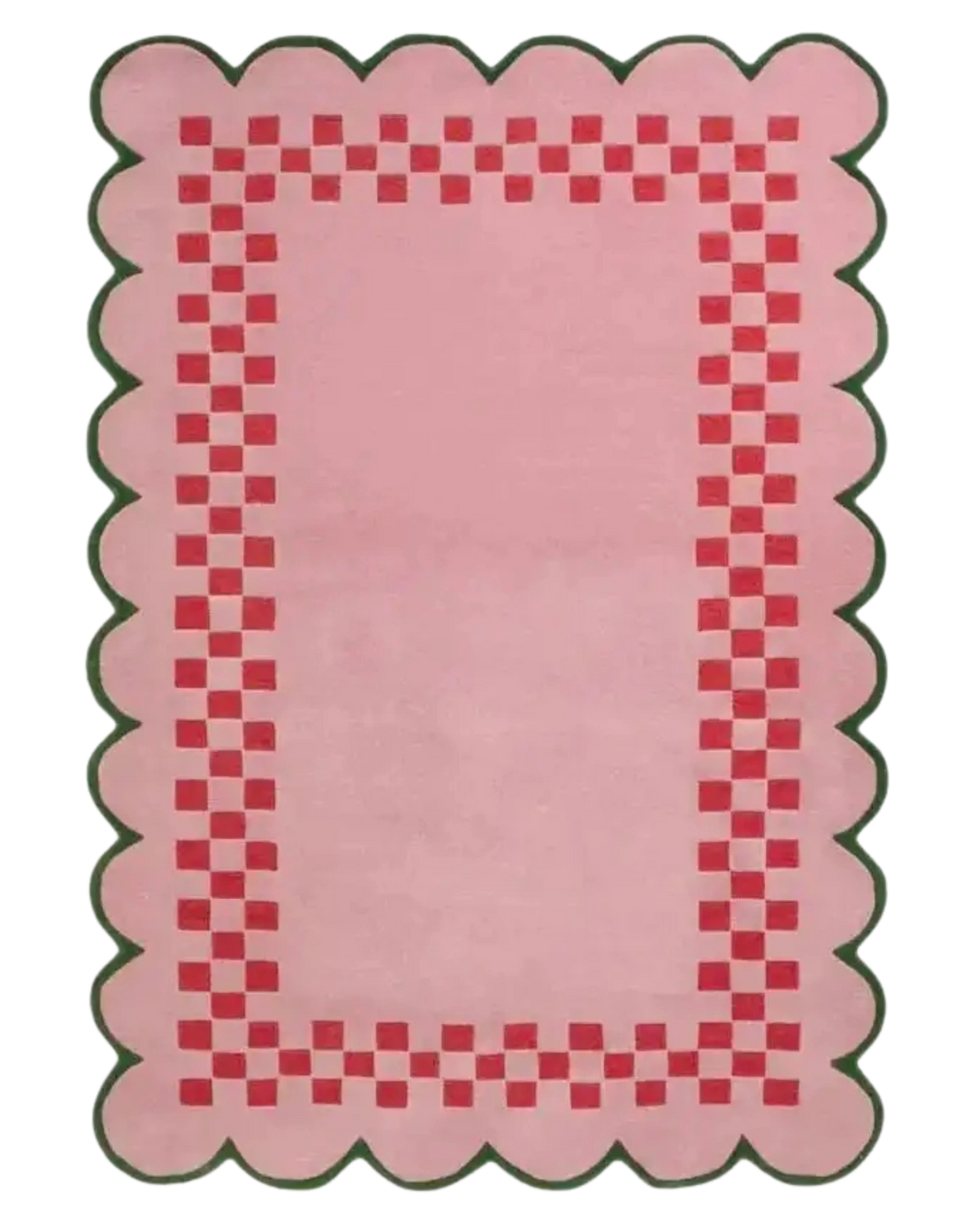 Pink checkerboard rug with scalloped green-edged border and red square pattern