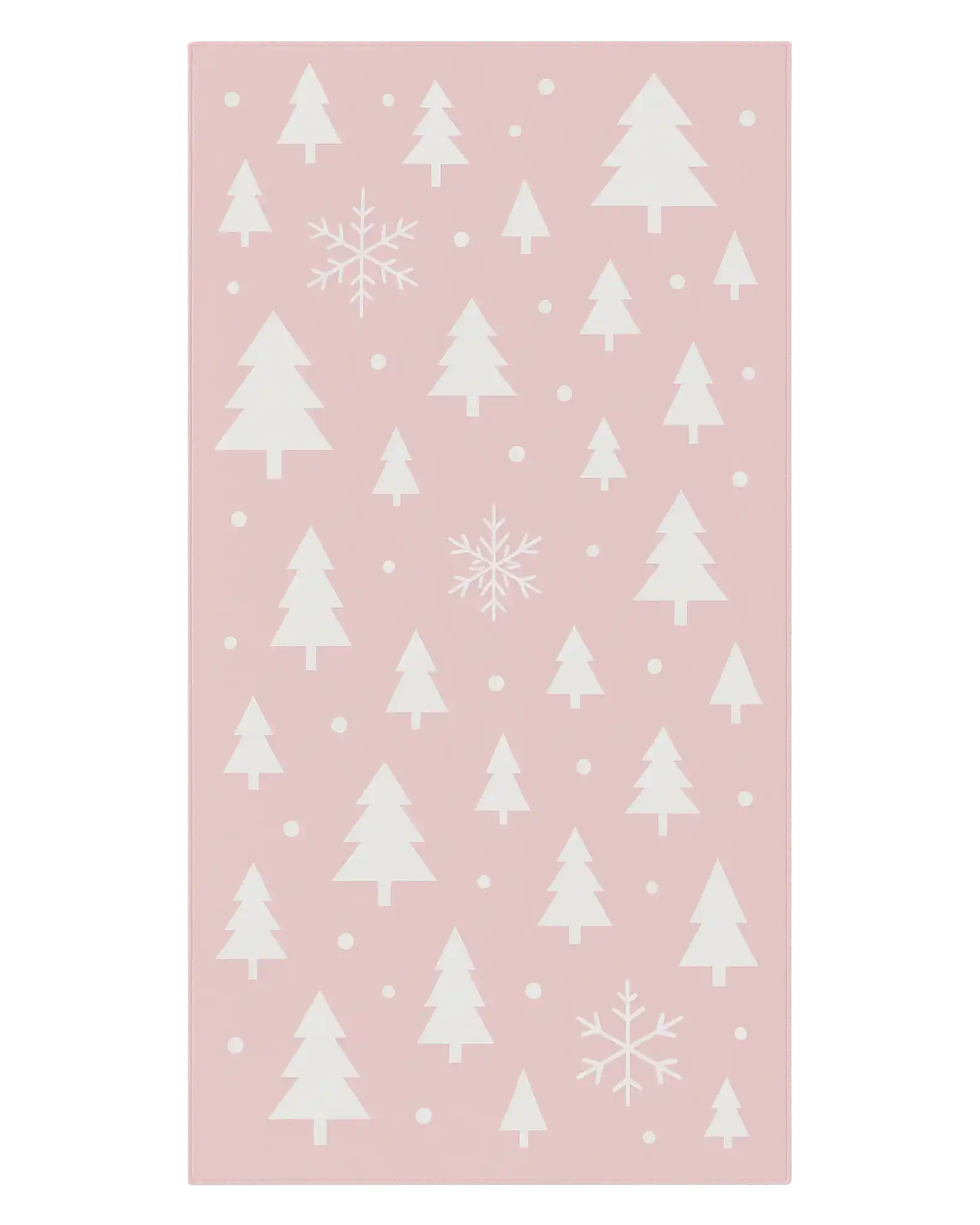 Pink Christmas runner rug with white minimalist trees and snowflakes.