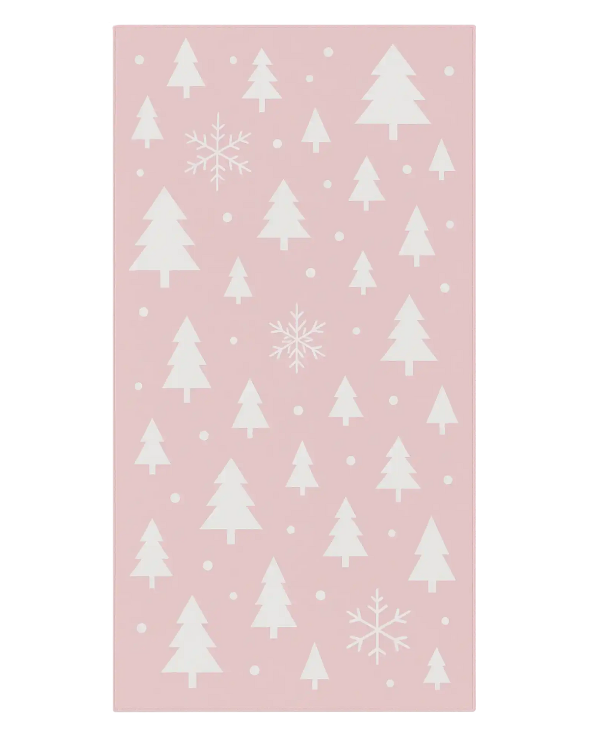 Pink Christmas runner rug with white minimalist trees and snowflakes.