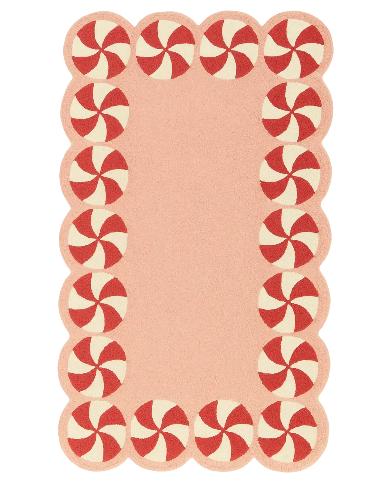 Hand-tufted pink Christmas rug with red peppermint border.