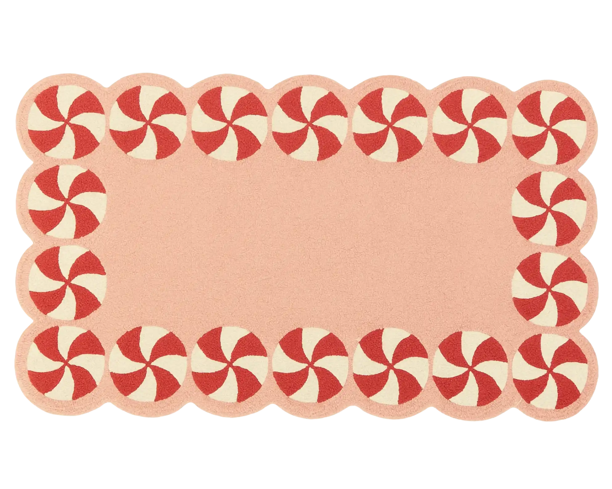 Blush pink holiday rug featuring candy swirl design.