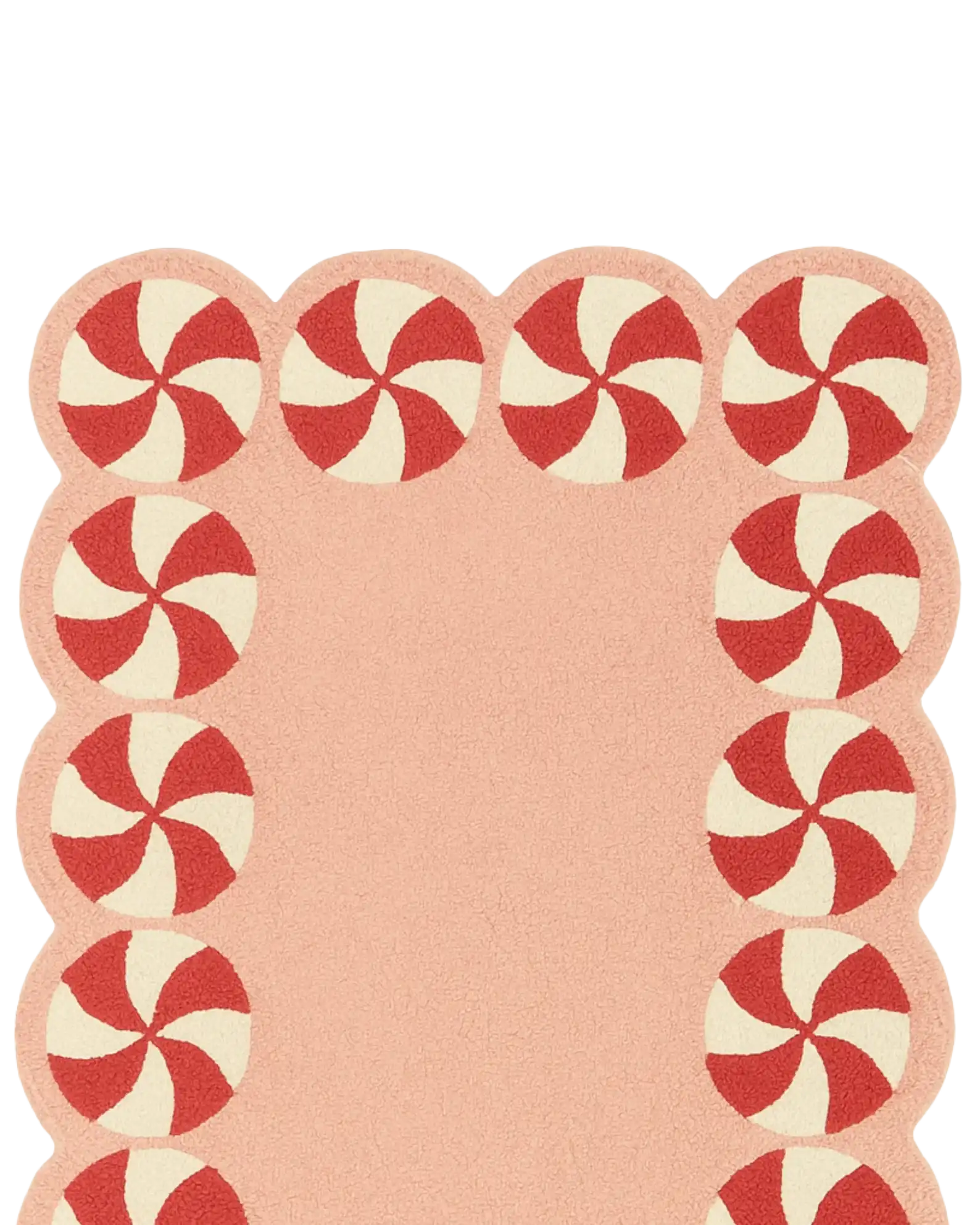Premium wool pink Christmas rug with red and cream candy motifs.
