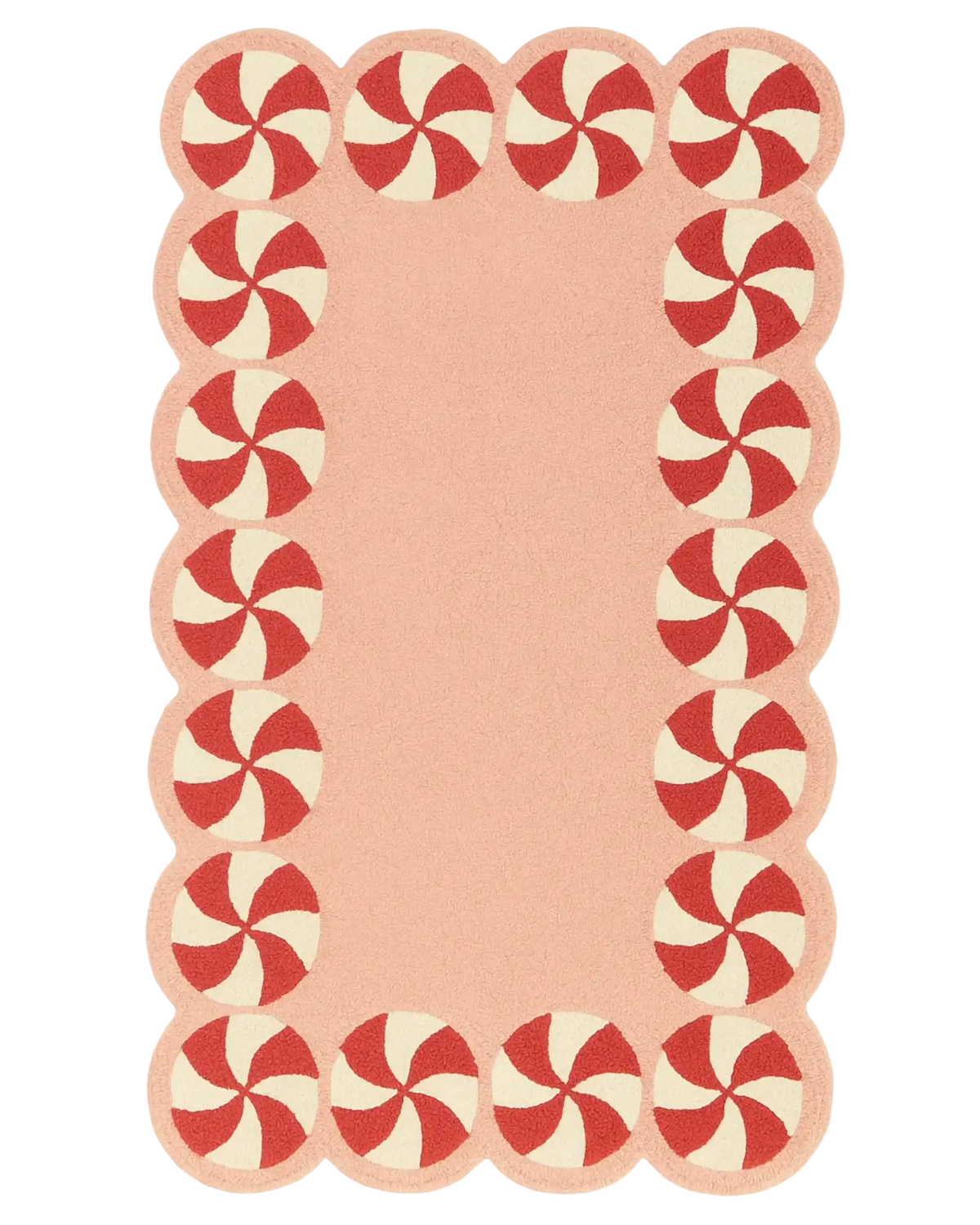 Hand-tufted pink Christmas rug with red peppermint border.