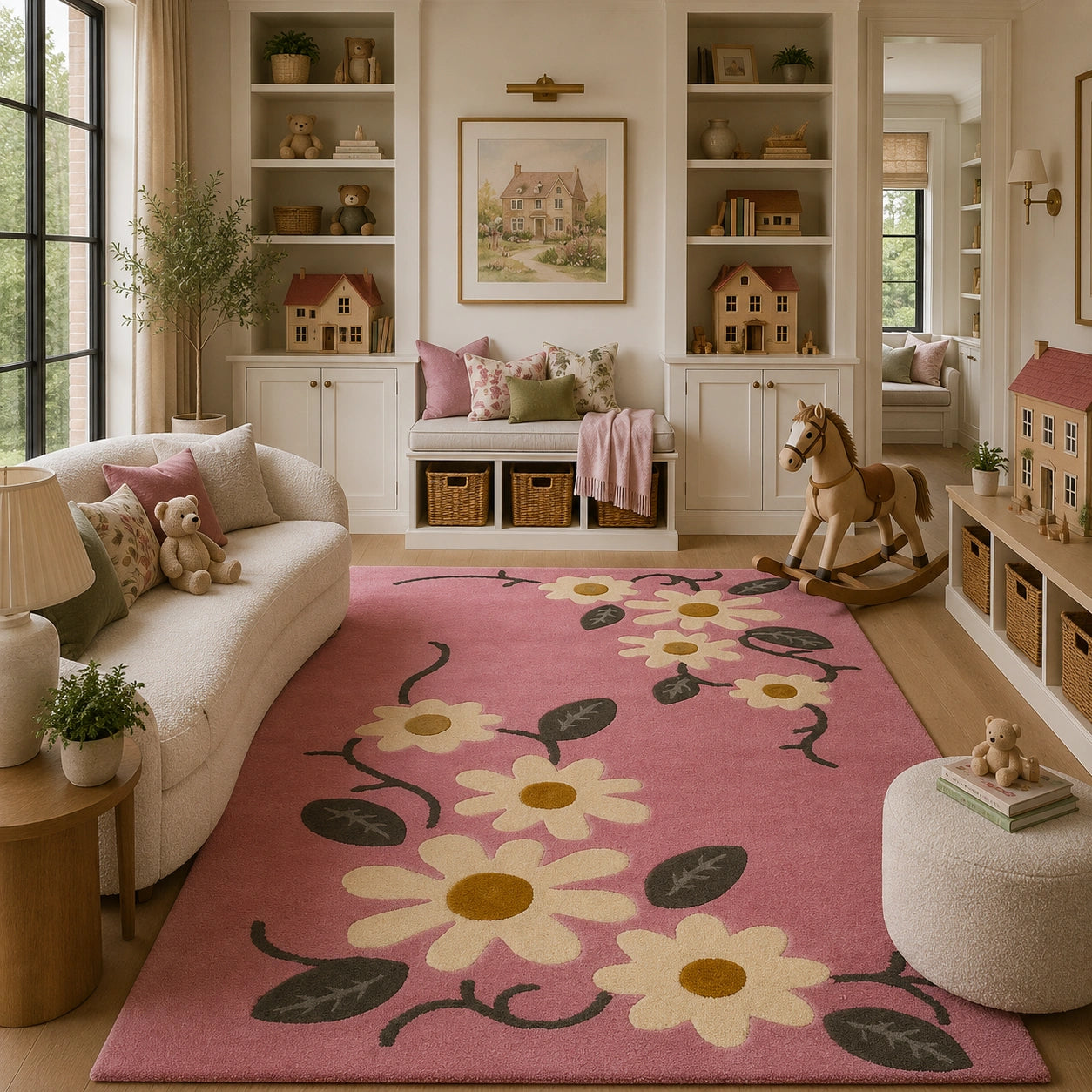 Pink floral wool rug