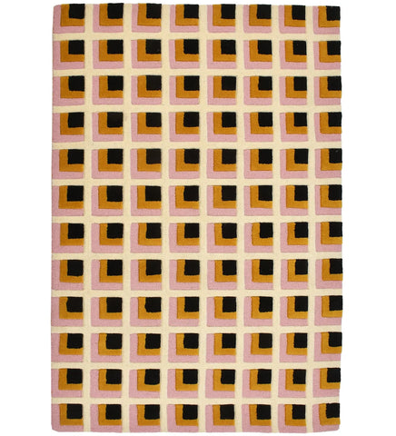 Pink, mustard, and black geometric hand-tufted wool rug