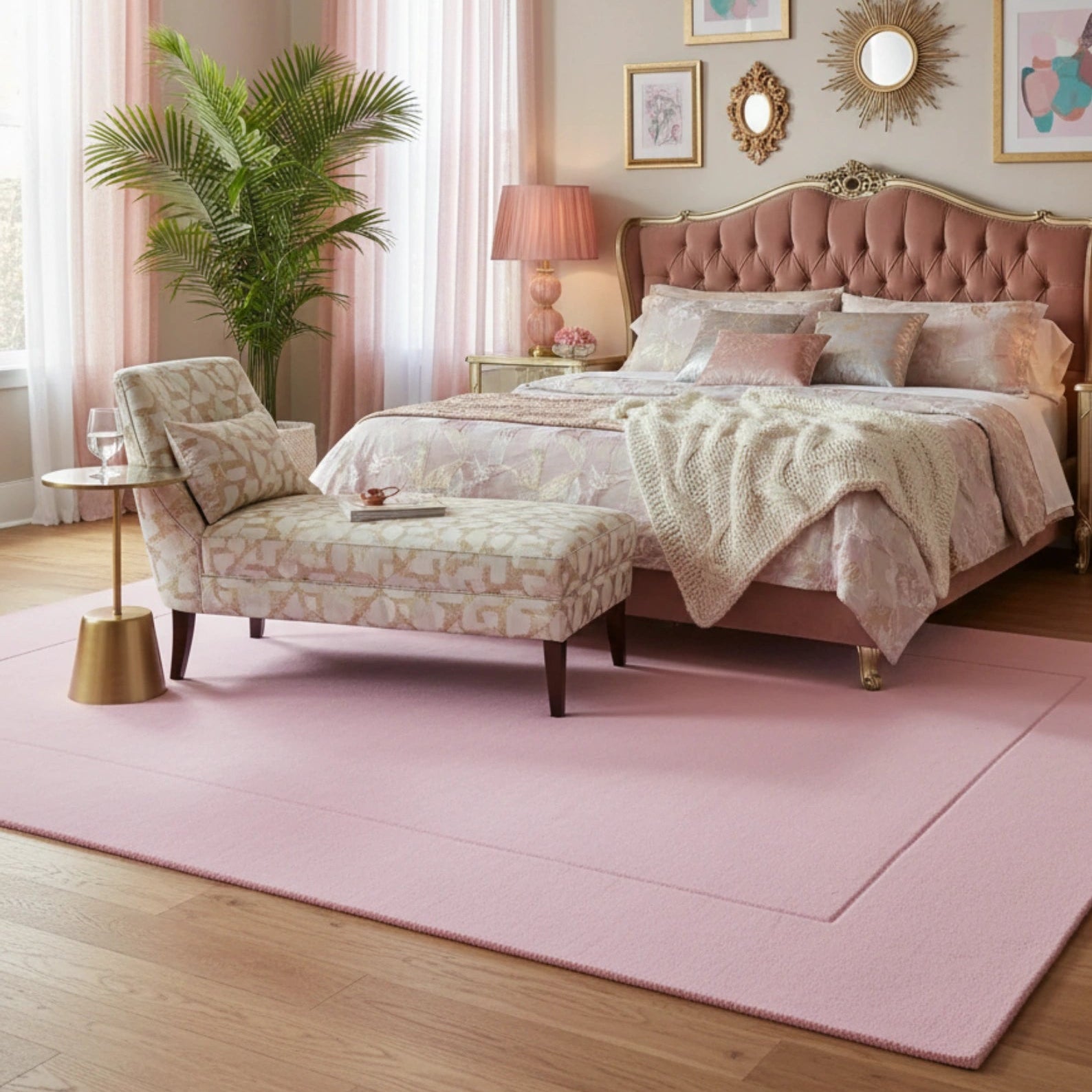 Pink solid minimalist pastel area rug with a subtle border, hand-tufted texture styled in a bedroom for a soft, modern, and calming accent