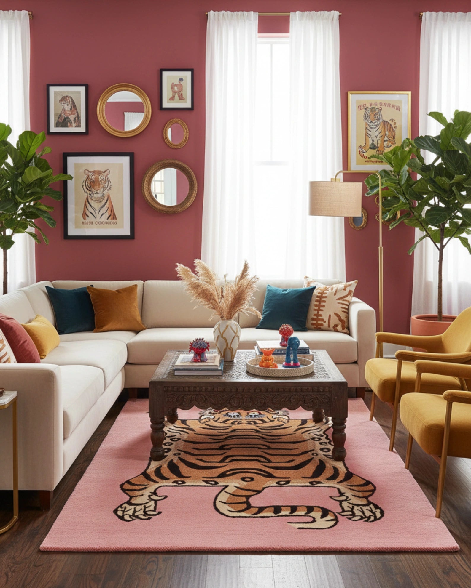 Pink Tibetan tiger hand-tufted area rug styled in a living room, featuring a bold statement design that adds character and modern artistic flair