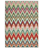 Pixelated chevron handwoven rug with bold zigzag pattern in red, blue, brown, and beige by Mannat Rugs