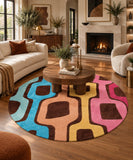 Colorful round geometric area rug styled in a modern living room, 10ft round size