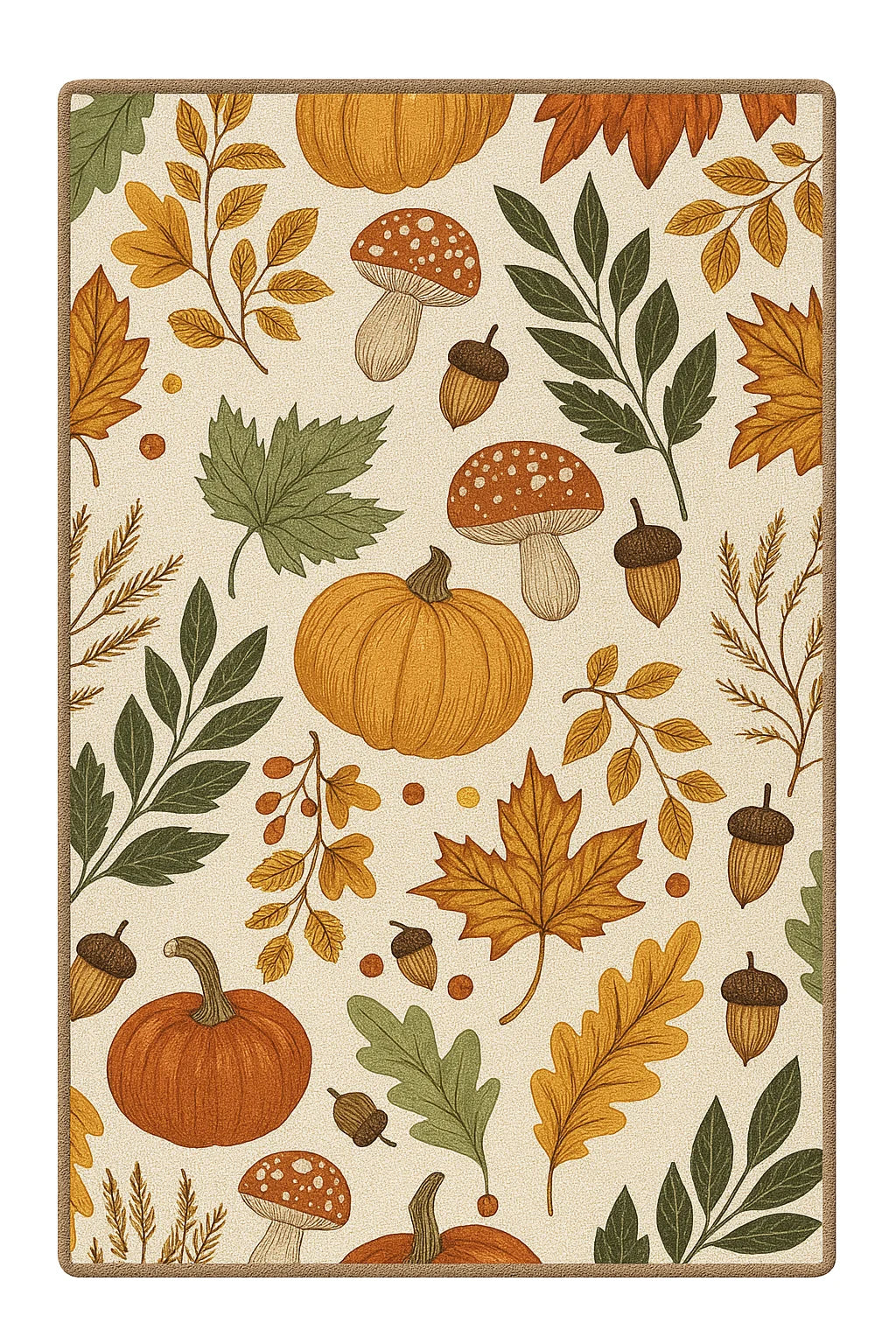 Pumpkin harvest rug with autumn leaves, mushrooms, and acorns.