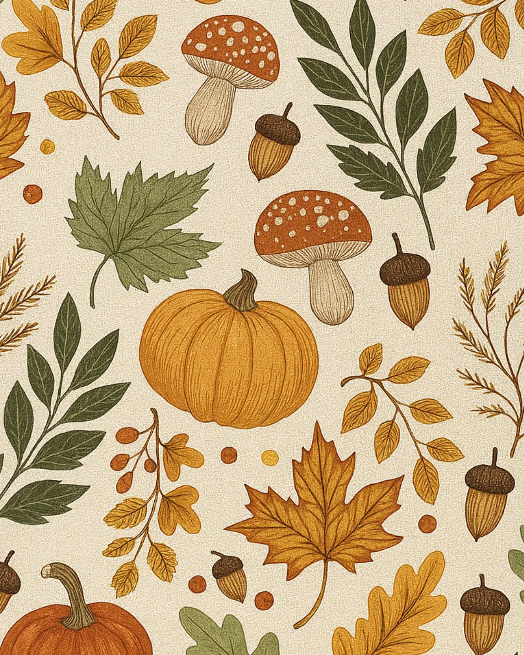Thanksgiving decorative rug with orange pumpkins and golden leaves.
