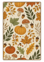 Pumpkin harvest rug with autumn leaves, mushrooms, and acorns.